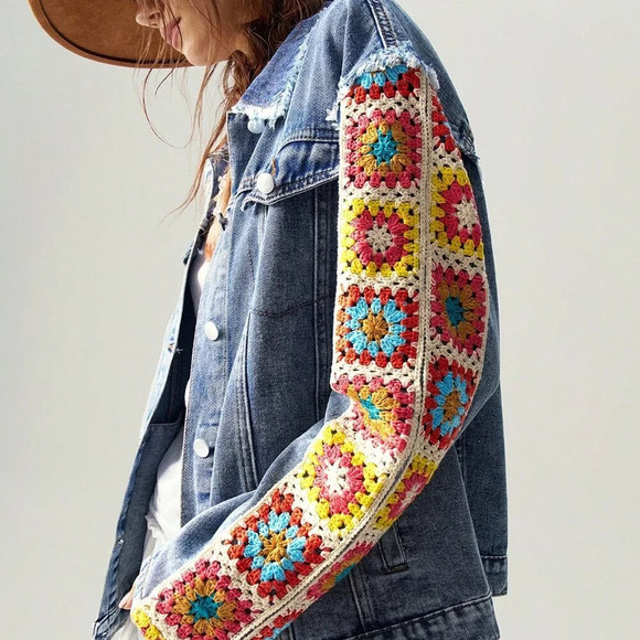 Boho Women's Floral Print Drop Shoulder Long Sleeve Woven denim Jacket Blue - Picture 2 of 8